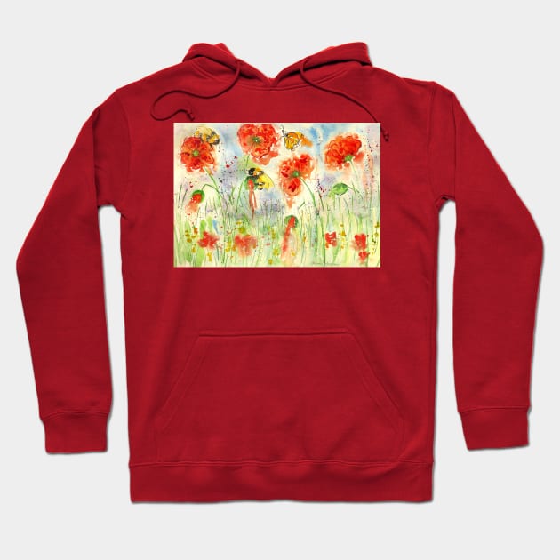 Bumblebees and a Butterfly among Crimson Poppies Hoodie by Casimirasquirkyart